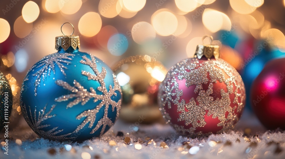 Ornaments with glitter and snowflake designs, Merry Christmas text overlay Ornaments with glitter and snowflake designs, Merry Christmas text overlay