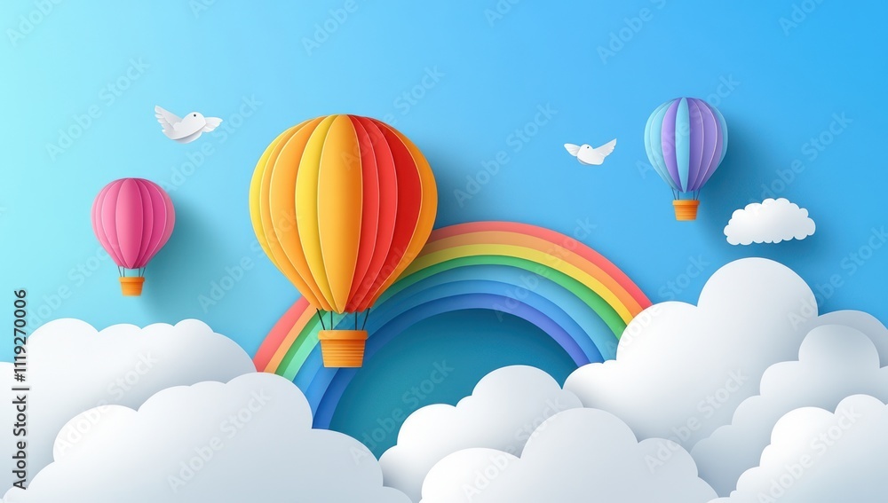 Fototapeta premium Hot Air Balloons Soaring Through a Rainbow Sky