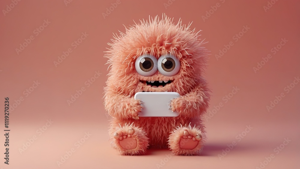 Fototapeta premium Cute coral color fuzzy monster holding blank smartphone isolated solid coral background, 8k image