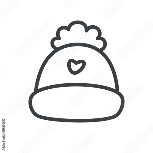 Kawaii hat icon. Hand drawn monochrome illustration of a knitted hat with a pompom isolated on a white background. Cute winter sticker. Vector 10 EPS.