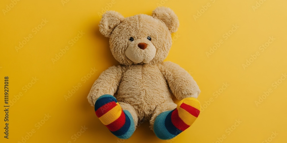Background for World Down Syndrome Day featuring a teddy bear wearing mismatched socks on a vibrant yellow backdrop. Celebrate World Down Syndrome Day with this colorful teddy bear imagery. Background for World Down Syndrome Day featuring a teddy bear wearing mismatched socks on a vibrant yellow backdrop. Celebrate World Down Syndrome Day with this colorful teddy bear imagery.