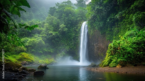 Rainforest waterfall cascading into a misty jungle pool, surrounded by dense greenery