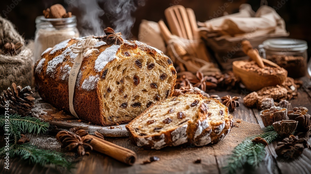 A freshly baked loaf of bread with raisins, surrounded by spices and rustic decor. A freshly baked loaf of bread with raisins, surrounded by spices and rustic decor.