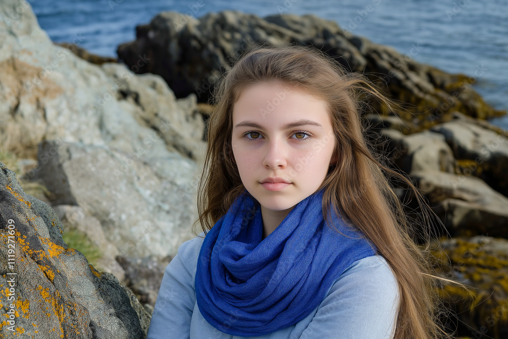 Young woman with blue scarf by rocky ocean shoreline Young woman with blue scarf by rocky ocean shoreline