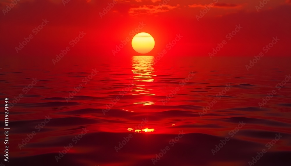 Crimson Sunset Over Calm Ocean: A Fiery Celestial Display Crimson Sunset Over Calm Ocean: A Fiery Celestial Display