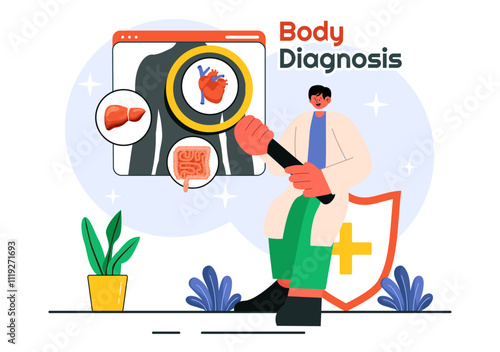 Body Diagnosis Vector Illustration featuring an X-ray Machine and MRI Scanner Examining the Human Body for Organ and Joint Health in a Flat Background