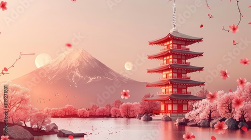 Serene sunrise over Mount Fuji, showcasing a vibrant red pagoda amidst blossoming cherry trees and a tranquil lake.