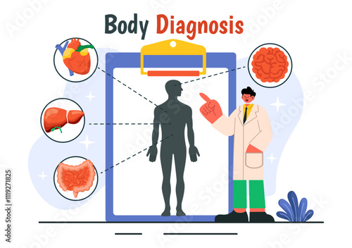 Body Diagnosis Vector Illustration featuring an X-ray Machine and MRI Scanner Examining the Human Body for Organ and Joint Health in a Flat Background
