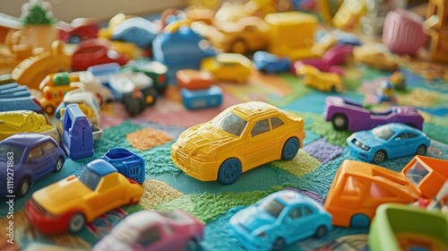 A collection of colorful plastic toys, including action figures and toy cars, scattered across a playmat