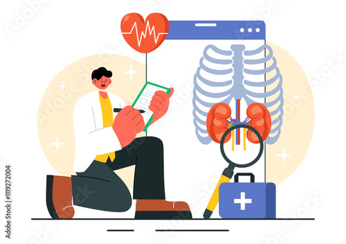 Body Diagnosis Vector Illustration featuring an X-ray Machine and MRI Scanner Examining the Human Body for Organ and Joint Health in a Flat Background