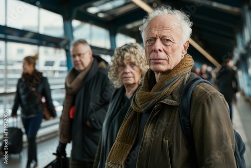 Portrait of senior man with group of people on background at airport