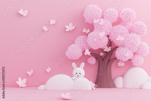 Pink whimsical landscape with fluffy tree and cute bunny