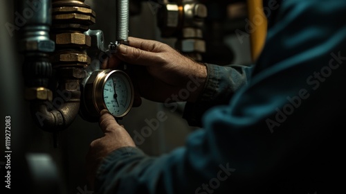 A Close-Up Shot of a Technician's Hands Carefully Monitoring Industrial Pressure Gauge, Ensuring Precise Readings in a dimly lit environment. The image focuses on the intricate details of the equipmen photo