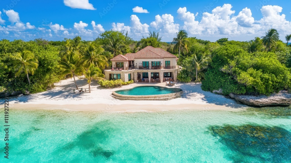 Obraz premium Tropical Private Island Getaway: A Serene Hideaway with Pristine White Sandy Beaches and Crystal Clear Waters.
