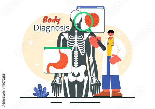 Body Diagnosis Vector Illustration featuring an X-ray Machine and MRI Scanner Examining the Human Body for Organ and Joint Health in a Flat Background