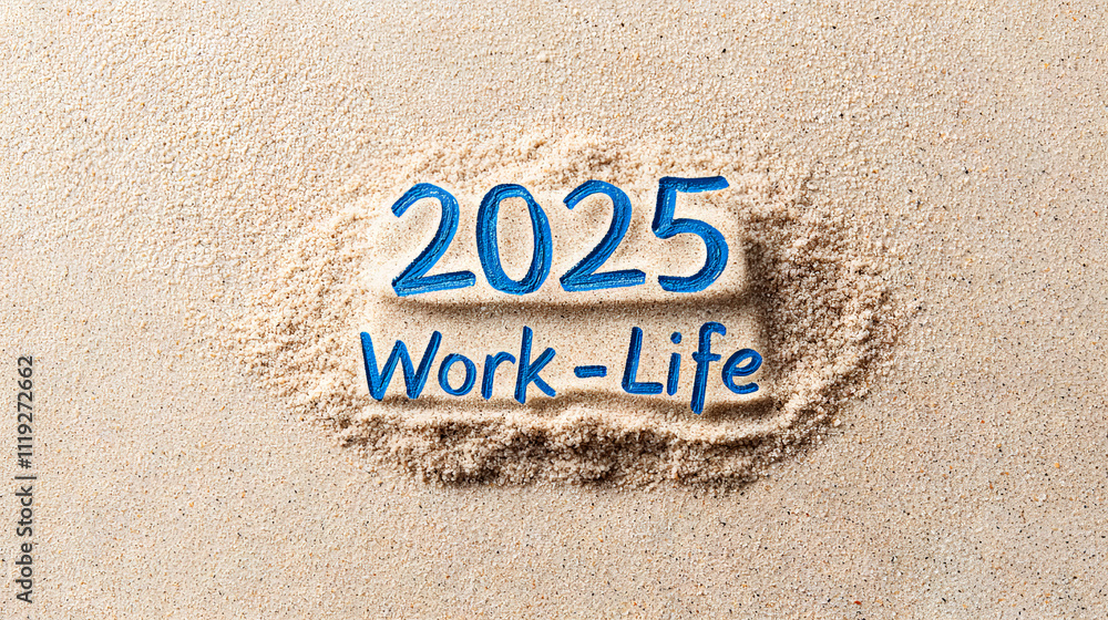 Fototapeta premium new year 2025 plan with accomplishment concept. 2025 work-life balance concept written in sand.