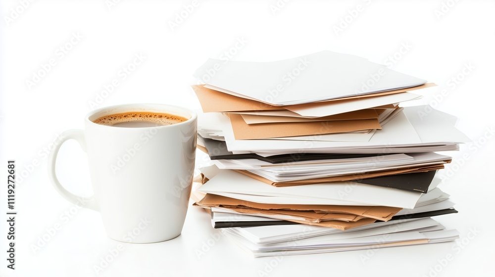 Stacked papers beside a cup of coffee on a clean desk during a work session in a modern office Stacked papers beside a cup of coffee on a clean desk during a work session in a modern office