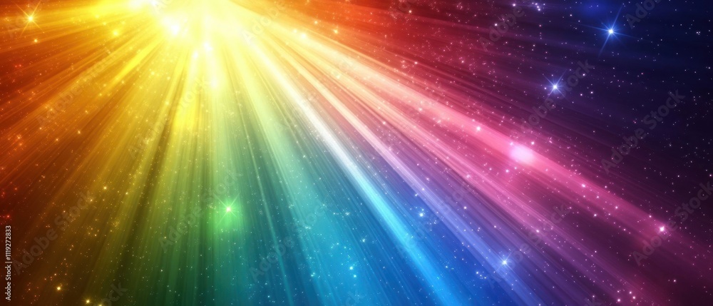 Fototapeta premium A vibrant burst of colorful light rays against a starry background.