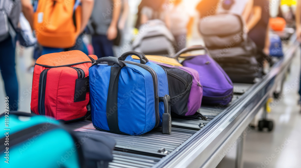 Security checkpoints, crowded airport security checkpoints with passengers waiting in line, luggage and personal belongings placed on conveyor belts Security checkpoints, crowded airport security checkpoints with passengers waiting in line, luggage and personal belongings placed on conveyor belts