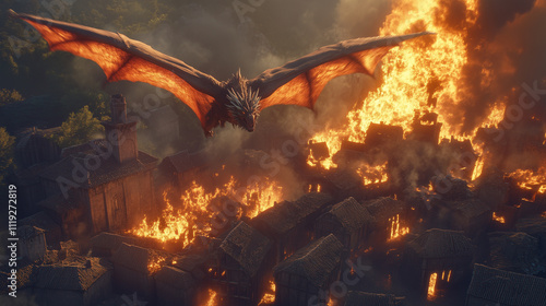 A fire dragon soaring over a burning village, its fiery breath leaving a trail of destruction below photo