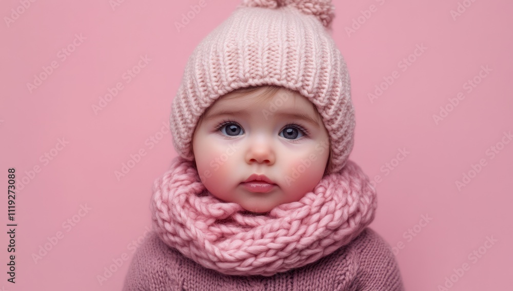 Adorable Baby Girl in Pink Knitted Hat and Scarf Adorable Baby Girl in Pink Knitted Hat and Scarf