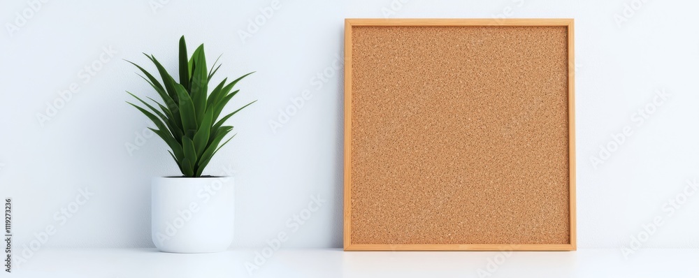 Fototapeta premium new year 2025 plan with accomplishment concept. Corkboard and potted plant against a clean, white background.