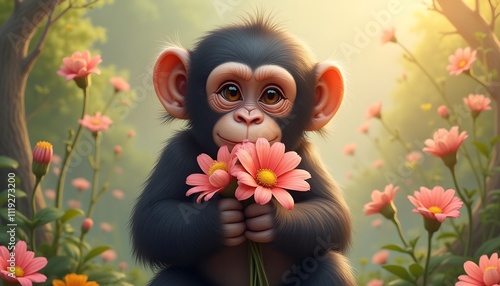 Adorable Chimpanzee with Flowers in a Lush Garden photo