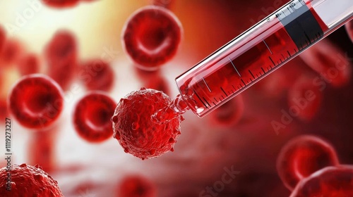 Close-Up of Syringe Injection into Red Blood Cell Against Background