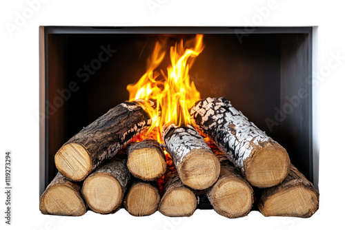 Firewood burning in outdoor pit, creating rustic and inviting scene isolated on transparent and white background.PNG image photo