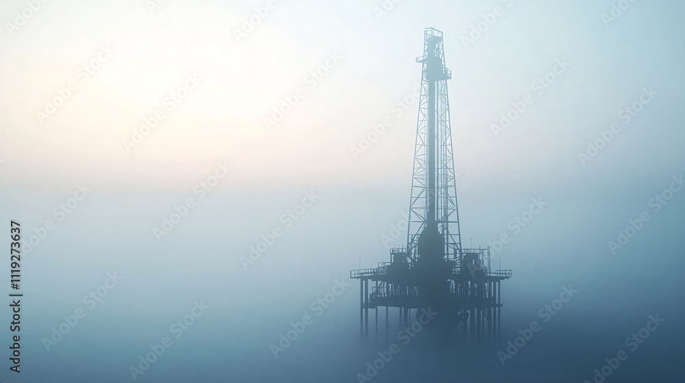 Obraz premium Offshore oil rig in dense fog at sunrise.