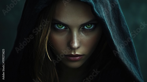 A mysterious woman with piercing green eyes, wearing a dark hooded cloak, dramatic lighting, 