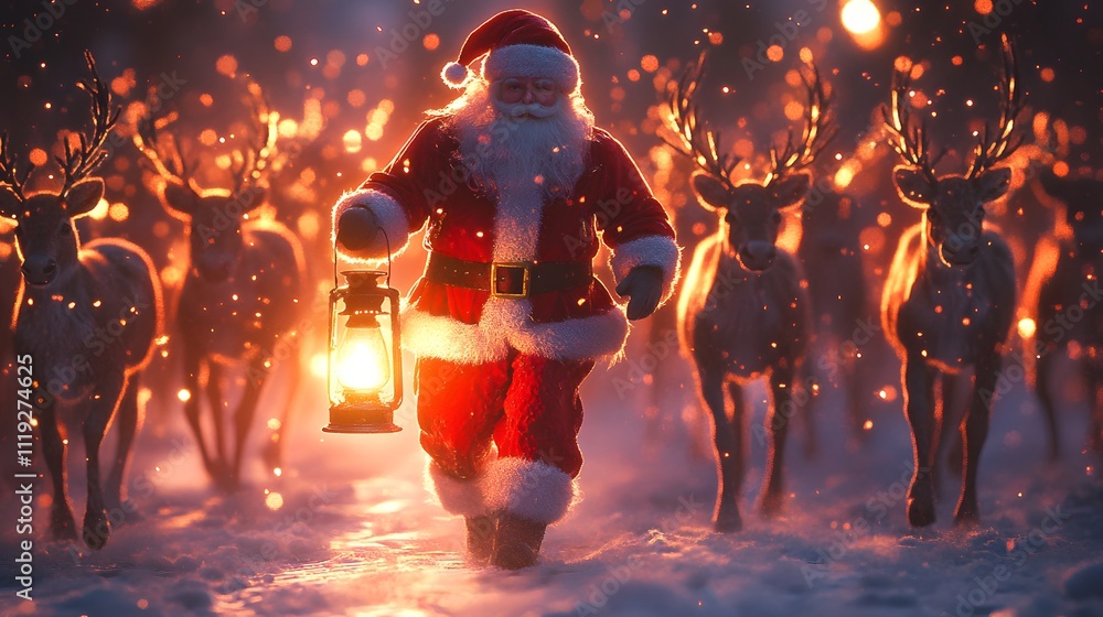 Santa Claus leads reindeer herd through snowy night. Santa Claus leads reindeer herd through snowy night.