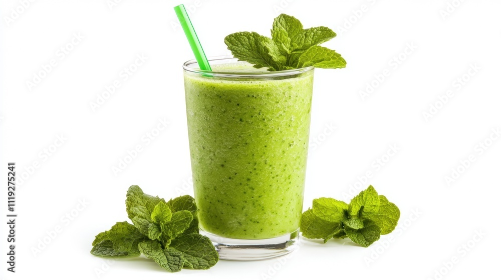 A refreshing green smoothie garnished with mint leaves and a straw. A refreshing green smoothie garnished with mint leaves and a straw.
