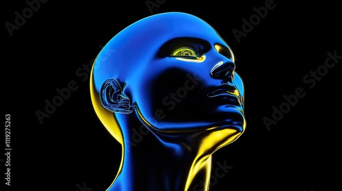 Metallic Head Tilted Upwards In Neon Lights
