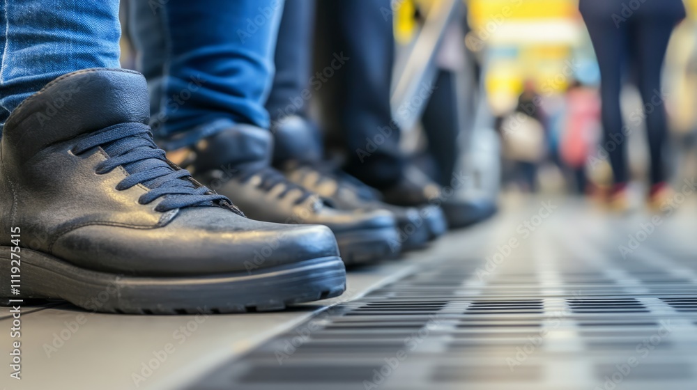 Naklejka premium Crowds of passengers waiting patiently in line at airport security checkpoints symbolize the shared journey and collective experience of modern travel