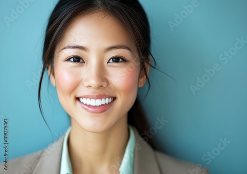 A smiling woman in minimalistic earth tone attire exudes warmth and elegance, set against a soft green background. Her serene expression highlights natural beauty and simplicity.