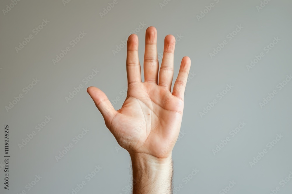 An open hand with five fingers extended against a gray background. An open hand with five fingers extended against a gray background.