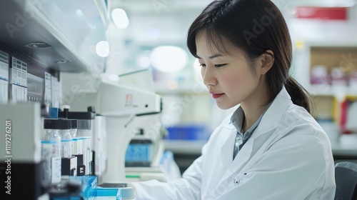 Female Scientist Working in Modern Laboratory Setting with Equipment