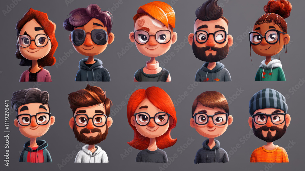 Contemporary avatars with funny characters faces in round frames. Vector set of male and female portraits, people with different hairstyles, glasses and beard in trendy art style Contemporary avatars with funny characters faces in round frames. Vector set of male and female portraits, people with different hairstyles, glasses and beard in trendy art style