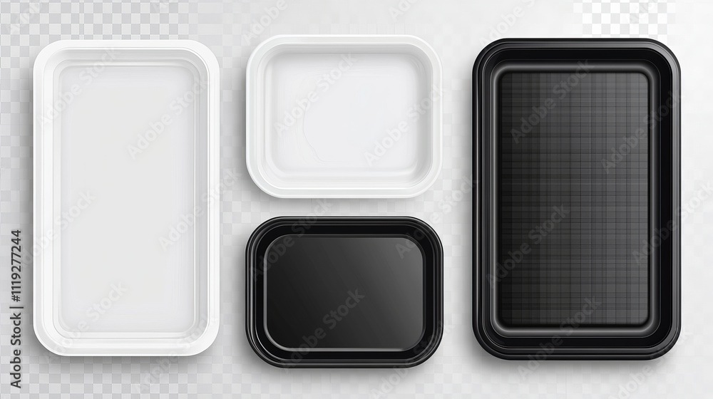 Plastic trays for food wrapping. White and black styrofoam packages different shapes. Empty containers in top view, vector realistic illustration isolated on transparent background Plastic trays for food wrapping. White and black styrofoam packages different shapes. Empty containers in top view, vector realistic illustration isolated on transparent background