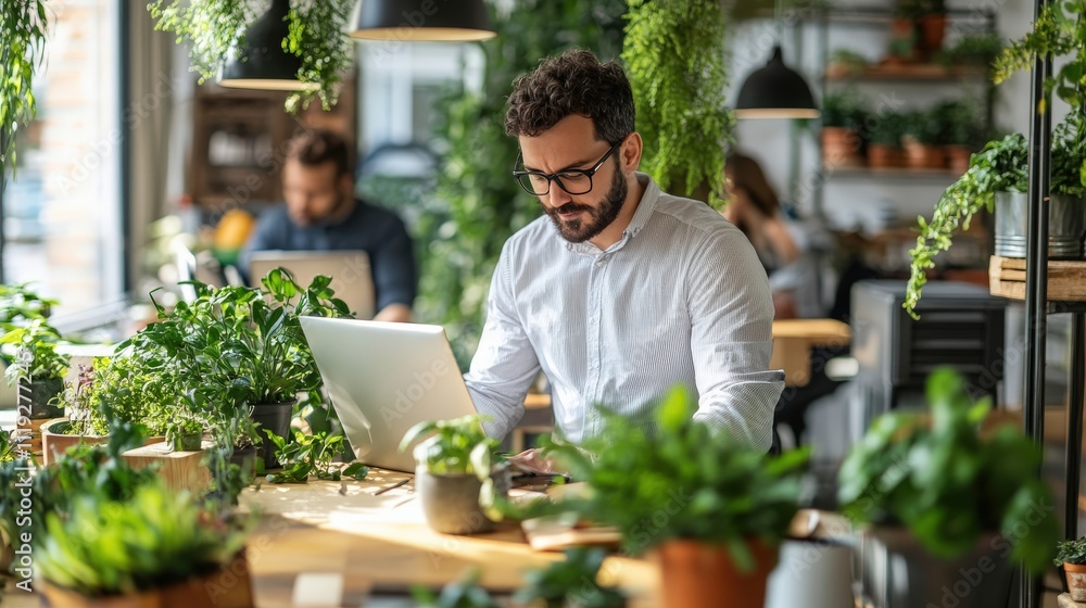 Man Works on Laptop in Green Plant Filled Office Man Works on Laptop in Green Plant Filled Office