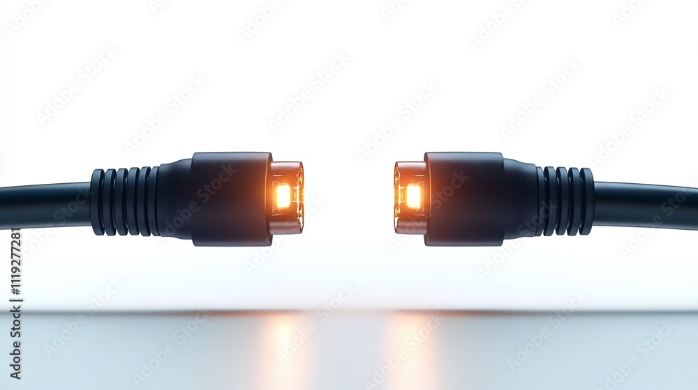 Two black cables with glowing connectors almost touching, isolated on white background. Two black cables with glowing connectors almost touching, isolated on white background.