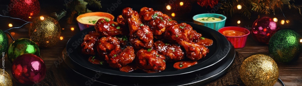 A festive platter of spicy chicken wings surrounded by colorful dips and holiday decorations. A festive platter of spicy chicken wings surrounded by colorful dips and holiday decorations.