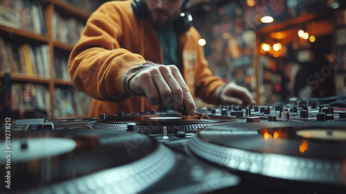 Close-up of DJ adjusting vinyl photo