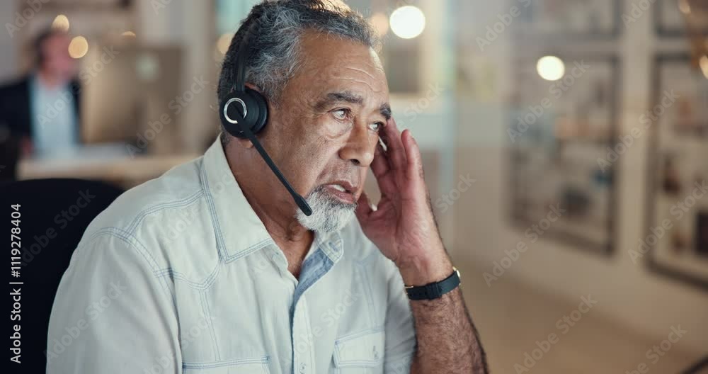 Headache, tired and mature man in call centre, pain and burnout for workaholic, stress and telemarketing. Consultant, fatigue and person with migraine, thinking and overtime for lead generation Headache, tired and mature man in call centre, pain and burnout for workaholic, stress and telemarketing. Consultant, fatigue and person with migraine, thinking and overtime for lead generation