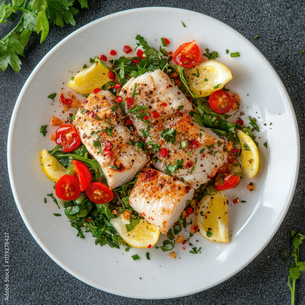 Healthy pescetarian dish artfully arranged on a clean white plate, showcasing vibrant and fresh ingredients Healthy pescetarian dish artfully arranged on a clean white plate, showcasing vibrant and fresh ingredients