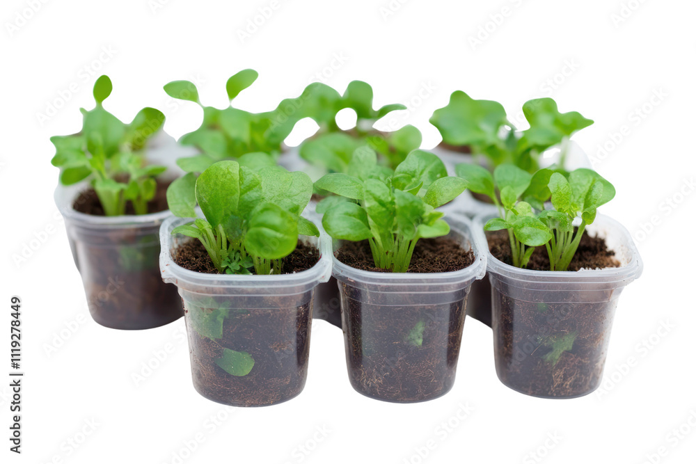 Seedlings in Pots: A collection of vibrant green seedlings sprout healthily in individual clear plastic pots, promising a bountiful harvest. Seedlings in Pots: A collection of vibrant green seedlings sprout healthily in individual clear plastic pots, promising a bountiful harvest.