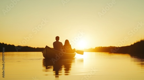 Fototapeta Naklejka Na Ścianę i Meble -  Couple enjoys serene sunset paddle on calm water while surrounded by nature