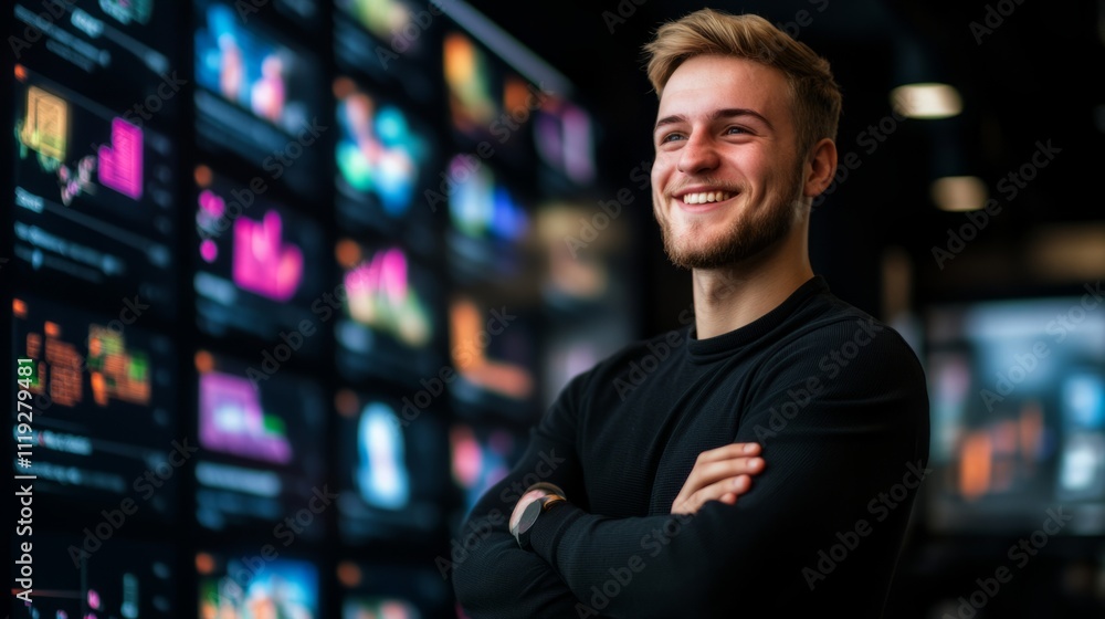 Fototapeta premium A game developer stands in front of a giant digital screen with colorful game graphics and UI elements, showing off new game features with a confident smile.