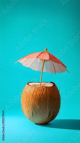 Wallpaper Mural A fresh coconut drink with a straw and an umbrella, surrounded by a bright turquoise background Torontodigital.ca